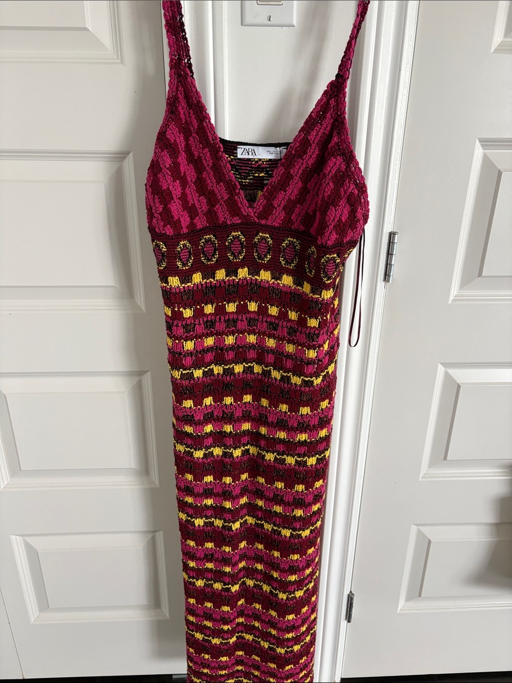 Zara Strappy Knit Maxi Dress in Magenta, Yellow and Brown